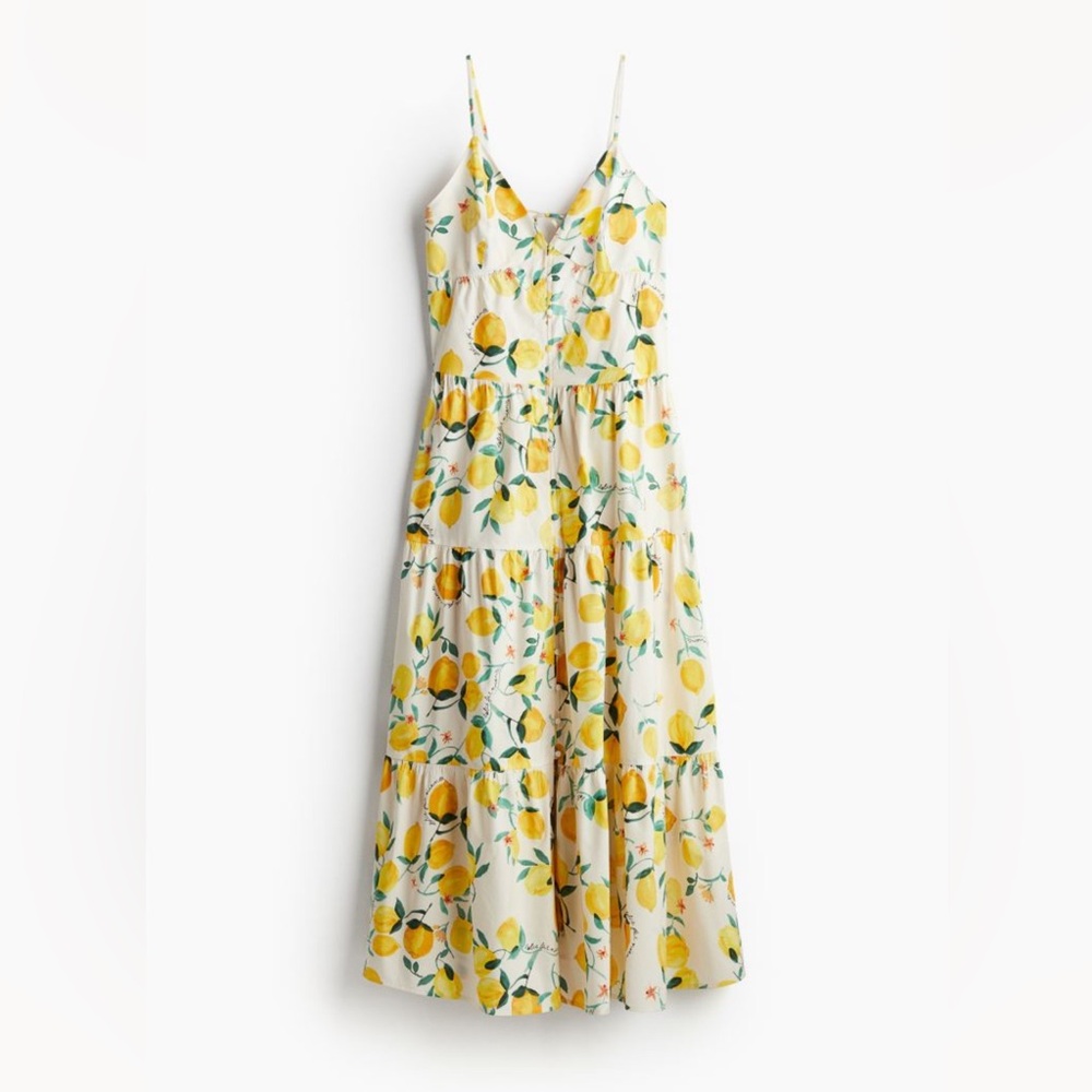 Tiered Lemon Print Summer Voluminous Maxi Midi Dress